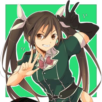 Rule 34 | 10s, 1girl, bow, bowtie, brown hair, female focus, gloves, grin, hair ribbon, hiki-wota, kantai collection, long hair, pelvic curtain, ribbon, smile, solo, tone (kancolle), tone kai ni (kancolle), twintails, uniform, v