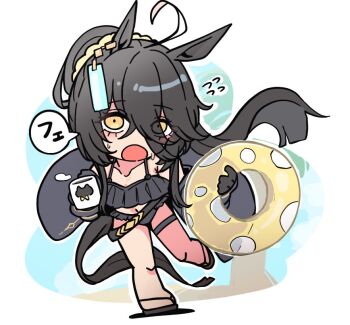 1girl :o ahoge animal_ears bikini bikini_under_clothes black_bikini black_gloves black_hair black_jacket black_sandals chibi collarbone commentary_request cup eyes_visible_through_hair flying_sweatdrops frilled_bikini frills full_body gloves hair_over_one_eye holding holding_swim_ring horse_ears horse_girl horse_tail innertube jacket kawamochi_(kawauti919) long_hair looking_at_viewer manhattan_cafe_(umamusume) mug multicolored_hair navel off_shoulder open_clothes open_jacket open_mouth ponytail sandals solo sweat swim_ring swimsuit tail translation_request two-tone_hair umamusume very_long_hair white_hair yellow_eyes