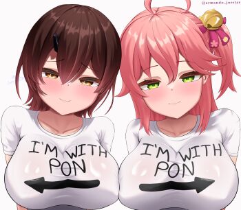 2girls absurdres ahoge armanditto bell blush breast_press breasts brown_hair closed_mouth collarbone commentary english_commentary green_eyes hair_bell hair_between_eyes hair_ornament hair_ribbon hairclip highres hololive jingle_bell large_breasts long_hair looking_at_viewer medium_hair multiple_girls one_side_up pink_hair pink_lips pink_ribbon print_shirt ribbon roboco-san sakura_miko shirt short_sleeves signature smile symmetrical_docking twitter_username virtual_youtuber white_shirt yellow_eyes