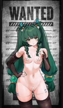 absurdres bandaid bandaid_on_breast bandaid_on_pussy closed_mouth green_eyes green_hair green_nails highres nude qian_tan qingyi_(zenless_zone_zero) zenless_zone_zero