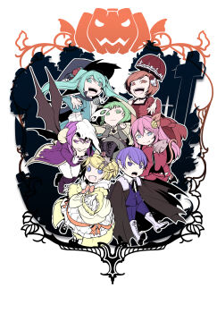 &gt;:d 2boys 5girls :d absurdres aku_no_musume_(vocaloid) akujiki_musume_conchita_(vocaloid) akutoku_no_judgement_(vocaloid) alternate_costume animal_ears animal_skull apple aqua_eyes aqua_hair banica_conchita bat_(animal) bat_wings black_cape blonde_hair blue_suit boots bow bowtie braid brown_eyes cape cat_ears cat_tail chibi choker cloak combat_boots commentary_request crazy_eyes creator_connection cross crown demon demon_horns demon_wings domino_mask dress elbow_gloves enbizaka_no_shitateya_(vocaloid) evil_smile evillious_nendaiki eye_mask fang fangs fingerless_gloves fire flower food forest formal_clothes frilled_dress frills fruit gallerian_marlon gloves goat_horns graveyard green_eyes green_hair grey_skirt gumi hair_flower hair_ornament hairclip hairpin hakaba_no_aruji halloween halloween_costume hand_on_own_chin hat hatsune_miku high_heel_boots high_heels highres holding holding_unworn_clothes hood horns ichi_ka iron_cross jack-o&#039;-lantern japanese_clothes judge kagamine_rin kaito_(vocaloid) kamui_gakupo kimono knee_boots kneeling lace-up_boots leaning_forward long_coat long_hair margarita_blankenheim mask megurine_luka meiko_(vocaloid) mini_crown moonlit_bear_(vocaloid) multiple_boys multiple_girls nature nemesis_no_juukou_(vocaloid) nemesis_sudou nemurase_hime_kara_no_okurimono_(vocaloid) open_mouth outstretched_hand parasol patterned_clothing paw_print pigeon-toed pink_hair plant ponytail pumpkin purple_eyes purple_hair red_dress red_kimono riliane_lucifen_d&#039;autriche rose sandals sateriasis_venomania seven_deadly_sins shirt short_hair side_braid silhouette simple_background skirt smile songover spoilers sudou_kayo suit tail tombstone tower tuna umbrella updo v-shaped_eyebrows vampire venomania_kou_no_kyouki_(vocaloid) victorian vines vocaloid white_footwear wings witch witch_hat yellow_dress