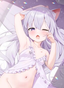 1girl animal_ears arm_up armpits babydoll breasts cat_ears collarbone cropped fang flat_chest grey_hair groin hand_up heart_pasties highres loli long_hair lying merchandise_available navel on_back one_eye_closed open_mouth original pasties purple_eyes skin_fang solo tearing_up tears tsukiman white_babydoll