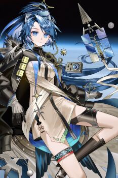 1girl absurdres arknights astgenne_the_lightchaser_(arknights) black_gloves black_socks blue_eyes blue_hair blush bright_pupils detached_sleeves diamond-shaped_pupils diamond_(shape) dress full_body gloves goggles goggles_on_head highres infection_monitor_(arknights) leaning_back long_hair looking_at_viewer official_alternate_costume ponytail satellite smile socks solo space symbol-shaped_pupils very_long_hair white_dress white_pupils zhengqi_zhizi_sg