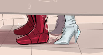 2girls boots commentary copyright_request cum english_commentary futa_with_female futanari high_heels highres holy_meh multiple_girls red_boots tile_floor tiles toilet_stall white_boots