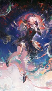 1girl absurdres building candle commentary daylightallure dress english_commentary evernight_(honkai:_star_rail) flower frills full_body gloves hair_flower hair_ornament highres honkai:_star_rail honkai_(series) layered_dress march_7th_(honkai:_star_rail) pink_hair red_eyes shoes smile strap thread train water