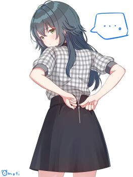 Rule 34 | ..., 1girl, absurdres, antenna hair, black skirt, blush, closed mouth, commentary, crossed bangs, from behind, gakuen idolmaster, gingham shirt, green eyes, green hair, grey shirt, hair between eyes, hair flaps, highres, idolmaster, long hair, looking back, mattarisan 3, puffy sleeves, shirt, short sleeves, signature, simple background, skirt, solo, spoken ellipsis, tsukimura temari, white background, zipper