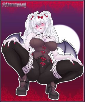 Rule 34 | 1girl, 2025, ahoge, artist name, black pants, blush, breasts, cameltoe, chamorro mj, choker, corset, demon wings, double bun, fishnets, hair bun, heart, heart ahoge, hexgirlidol, indie virtual youtuber, large breasts, pants, platform heels, pointy ears, red background, red eyes, red lips, red ribbon, ribbon, squatting, white hair, wings