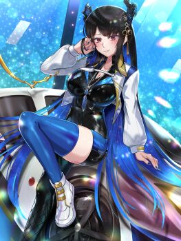 asymmetrical_horns black_bodysuit black_hair blue_hair blue_nails blue_thighhighs bodysuit breasts car colored_inner_hair cropped_jacket flower flower_knot grin hair_ornament hand_up highres hololive hololive_english horn_flower horns jacket jewelry large_breasts liyan1112 long_hair looking_at_viewer mole mole_under_eye motor_vehicle multicolored_hair nail_polish necklace nerissa_ravencroft on_car purple_eyes shoes sidelocks single_leg_bodysuit single_thighhigh sitting smile sneakers straight_hair tassel tassel_hair_ornament thighhighs uneven_horns very_long_hair virtual_youtuber white_jacket white_shoes