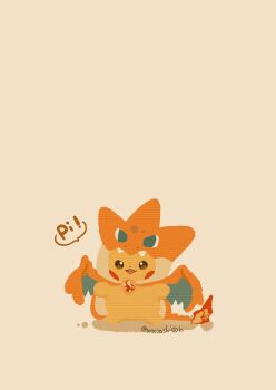 Rule 34 | absurdres, animal focus, brown eyes, charizard, clothed pokemon, cosplay, gen 1 pokemon, highres, hood, hoodie, mega charizard y, mega charizard y (cosplay), mega pokemon, mega stone, nintendo, no humans, open mouth, pikachu, pokemon, pokemon (creature), pokemon focus, simple background, solo, zozozoshion