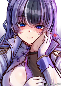 1boy 1girl absurdres blush breasts closed_mouth commander_(nikke) earrings fang goddess_of_victory:_nikke hair_ornament highres jacket jewelry jien_(nikke) jimpu6 large_breasts long_hair looking_at_viewer mole mole_under_each_eye mole_under_eye multicolored_hair multiple_moles necktie pov purple_eyes purple_hair purple_necktie purple_ribbon ribbon simple_background skin_fang streaked_hair twitter_username white_jacket