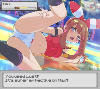 1girl absurdres black_socks blue_eyes blurry blurry_background blush bow_hairband breasts brown_hair character_name cropped_shirt eiko_(ecchihunter) english_text eyelashes hairband health_bar highres holding holding_own_leg holding_poke_ball may_(pokemon) mixed-language_commentary navel nintendo open_mouth panties patreon_username poke_ball poke_ball_(basic) pokemon pokemon_oras pussy_juice pussy_juice_stain red_hairband red_shirt shirt socks solo spread_legs stadium tongue underwear