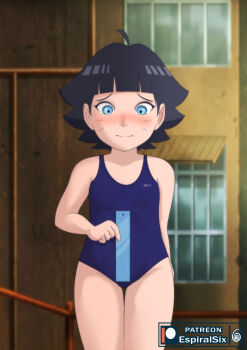 1girl absurdres ahoge artist_logo artist_name bare_shoulders black_hair blue_eyes blue_one-piece_swimsuit blunt_bangs blush boruto:_naruto_next_generations closed_mouth collarbone cowboy_shot espiralsix facial_mark feet_out_of_frame female_focus flat_chest highres holding holding_ruler logo loli naruto_(series) one-piece_swimsuit paid_reward_available patreon_username ruler sexually_suggestive short_hair standing swimsuit thighs uzumaki_himawari whisker_markings