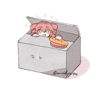 +_+ 1girl ahoge baguette blush bread commentary_request drill_hair drooling food hato_no_mune_wo_momitai in_container kasane_teto kasane_teto_(utau) mini_person minigirl notice_lines open_mouth red_eyes red_hair short_hair simple_background solo twin_drills twitter_username utau watermark white_background