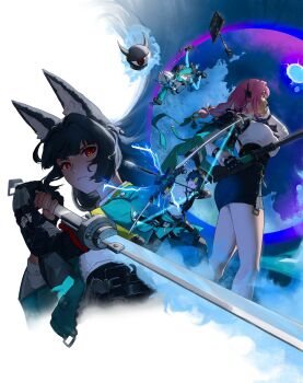 Rule 34 | 1boy, 3girls, animal ear fluff, animal ears, aqua jacket, armor, arrow (projectile), asaba harumasa, black gloves, black hair, black necktie, black skirt, blue horns, blue oni, blue skin, blue tail, bow (weapon), breasts, closed mouth, colored skin, commentary, dress shirt, earpiece, english commentary, fingerless gloves, fox ears, fox girl, gauntlets, glasses, gloves, hair between horns, headband, high-waist skirt, highres, holding, holding bow (weapon), holding sword, holding weapon, hollow (zenless zone zero), hollow special operations section 6 (zenless zone zero), horns, hoshimi miyabi, jacket, katana, large breasts, long hair, moon, multicolored horns, multiple girls, naginata, necktie, one eye closed, oni, pang (user8o8symb0l), parted bangs, parted lips, pencil skirt, pink eyes, pink hair, polearm, red eyes, shirt, short hair, shoulder armor, single fingerless glove, single gauntlet, skin-covered horns, skirt, soukaku (zenless zone zero), sword, tail, tailless (zenless zone zero), tsukishiro yanagi, two-tone horns, two-tone tail, weapon, white background, white hair, white shirt, yellow eyes, yellow headband, zenless zone zero