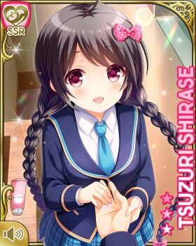 1boy 1girl :d ahoge black_hair bow brush card_(medium) character_name day girlfriend_(kari) hair_bow hair_ribbon holding_hands indoors necktie official_art open_mouth plaid_clothes plaid_skirt pleated_skirt qp:flapper red_eyes ribbon school school_uniform shirase_tsuzuri shirase_tuzuri shoes sink skirt smile socks tagme