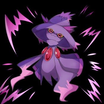 ayaka_488 black_background closed_mouth colored_sclera colored_skin full_body gen_4_pokemon hat highres looking_at_viewer mismagius nintendo pokemon pokemon_(creature) pokemon_focus purple_skin red_eyes smile solo witch_hat yellow_sclera