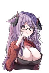 Rule 34 | 1girl, apron, azur lane, black-framed eyewear, black apron, black horns, breasts, cleavage, cropped torso, curled horns, friedrich carl (a game of love) (azur lane), friedrich carl (azur lane), highres, horns, huge breasts, long hair, looking at viewer, mizudaru, mole, mole on breast, mole under mouth, official alternate costume, parted lips, purple eyes, purple hair, red sweater, semi-rimless eyewear, simple background, solo, sweater, swept bangs, upper body, white background