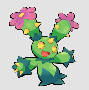 Rule 34 | absurdres, cactus, claws, commentary, english commentary, flower, full body, gen 5 pokemon, highres, holding, horns, june buns, looking at viewer, maractus, nintendo, open mouth, pink flower, pokemon, pokemon (creature), pokemon focus, simple background, single horn, smile, solo, spikes, yellow eyes
