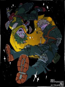 Rule 34 | 2boys, bakugou katsuki, belt, belt pouch, black pants, black shirt, blonde hair, bodysuit, boku no hero academia, boots, cape, collared shirt, commentary, floating, full body, gloves, green bodysuit, green hair, hands in pockets, highres, knee pads, looking to the side, male focus, midoriya izuku, multiple boys, napp, open mouth, pants, pouch, red belt, shirt, sideways glance, space, spiked hair, superhero costume, symbol-only commentary, teeth, upside-down, watermark, yellow cape