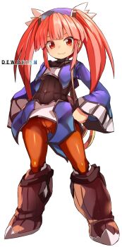 1girl boots breasts chakram closed_mouth commentary_request dewprism full_body highres karukan_(monjya) knee_boots long_hair long_sleeves looking_at_viewer mint_(dewprism) orange_leggings orange_pantyhose pantyhose pink_hair red_eyes simple_background small_breasts smile solo twintails weapon white_background