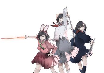 3girls animal_ear_hairband animal_ears arms_behind_head black_hair black_sailor_collar black_serafuku black_shirt black_skirt black_socks breasts fake_animal_ears feet_out_of_frame green_neckerchief grey_sailor_collar grey_skirt hair_between_eyes hairband highres holding holding_knife holding_sword holding_weapon knife medium_breasts midriff_peek multiple_girls multiple_views neckerchief official_alternate_costume parted_lips pink_hairband pink_sailor_collar pink_shirt pink_skirt rabbit_ears red_neckerchief riio sailor_collar school_uniform serafuku shimizu_hinako shimizu_hinako_(pink_rabbit_costume) shimizu_hinako_(white_sailor_school_uniform) shirt short_hair silent_hill_(series) silent_hill_f skirt socks sword torn_clothes weapon white_background white_shirt white_socks