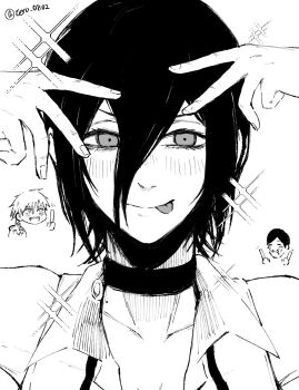 1girl 2boys :p chainsaw_man choker closed_mouth collared_shirt commentary_request denji_(chainsaw_man) grenade_pin greyscale hair_between_eyes hands_up highres looking_at_viewer madaosw medium_hair monochrome multiple_boys neck_ribbon reze_(chainsaw_man) ribbon shirt sleeveless sleeveless_shirt tongue tongue_out twitter_username