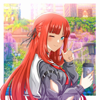 Rule 34 | 1girl, absurdres, aino (genshin impact), arm cutout, black jacket, black ribbon, breasts, chisa (wuthering waves), chisa (wuthering waves) (cosplay), closed mouth, clothing cutout, commentary, cosplay, cup, english commentary, genshin impact, hair ribbon, hand up, highres, hikaru adilla, holding, holding cup, jacket, kanemoto hisako, long hair, long sleeves, medium breasts, neckerchief, nilou (genshin impact), one eye closed, red hair, red neckerchief, ribbon, sailor collar, smile, solo, upper body, voice actor connection, w, white sailor collar, wuthering waves