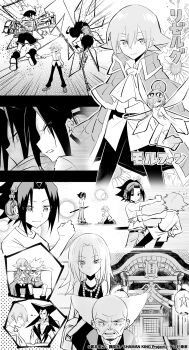 2girls 6+boys asakura_hao asakura_yohmei asakura_yoh bare_shoulders battle blood brother_and_sister brothers dress fighting grandfather_and_grandson grin hairband headphones highres holding holding_sword holding_weapon ice injury japanese_clothes jewelry jumping katana kneeling kyouyama_anna long_hair looking_at_another looking_at_viewer looking_to_the_side lyserg_diethel monochrome morphine multiple_boys multiple_girls necklace official_art one_eye_closed possessed possession punching sequential shaman_king shorts siblings sitting size_difference skirt sky smile spiked_hair surfboard sweat sword tao_ren translation_request umemiya_ryuunosuke usui_horokeu very_long_hair violence walking weapon wink