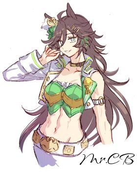 1girl abs absurdres ahoge animal_ears asymmetrical_jacket blue_eyes breasts brown_choker brown_hair choker cropped_jacket cropped_legs green_shirt hair_between_eyes hair_ornament hairclip hat highres horse_ears horse_girl horse_tail jacket jagaimobeniko long_hair long_sleeves looking_at_viewer medium_breasts midriff mini_hat mini_top_hat mr._c.b._(clear_bliss)_(umamusume) mr._c.b._(umamusume) navel open_mouth pants shirt simple_background single_sleeve smile solo strapless strapless_shirt tail top_hat umamusume white_background white_jacket white_pants yellow_choker