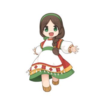 1girl :d apron braid brown_hair chibi chibi_only dress full_body green_eyes green_hairband hair_over_shoulder hairband layered_sleeves long_sleeves looking_at_viewer official_art open_mouth outstretched_arms ragnarok_online red_dress short_over_long_sleeves short_sleeves simple_background single_braid smile solfe_(ragnarok_online) solo spread_arms transparent_background white_apron yuichirou