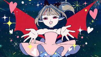 1girl choker dress heart highres komazaki_tomomi long_hair makaino_ririmu multicolored_hair night nijisanji official_art pink_dress pink_eyes pink_hair pointy_ears ponytail reaching reaching_towards_viewer smile solo sparkle two-tone_hair wings