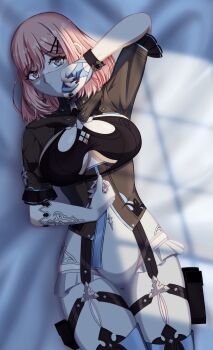 1girl arm_up bandeau bandeau_pull bed_sheet black_bandeau black_nails black_shirt bob_cut breasts cleavage clothes_pull commentary cowboy_shot elbow_gloves framed_breasts gloves grey_eyes hair_ornament hairclip highres honkai_(series) honkai_impact_3rd large_breasts leotard looking_at_viewer lying mask mitsure mouth_mask on_back pink_hair pouch shadow shirt short_hair short_sleeves sidelocks single_elbow_glove single_glove skindentation solo thigh_pouch thighhighs timido_cute underboob white_gloves white_leotard white_thighhighs window_shadow wristband