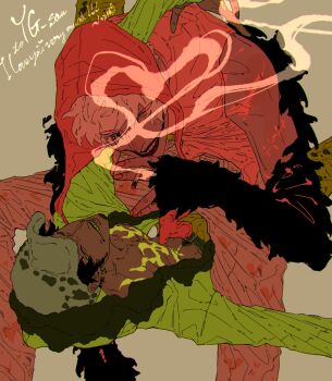 2boys black_hair commentary_request donquixote_rocinante earrings facepaint feather_coat hat heart heart_print highres jewelry jurokutya looking_at_viewer male_focus multiple_boys multiple_scars one_piece red_hat scar simple_background sitting sitting_on_person smile smoking spotted_pants tattoo trafalgar_law