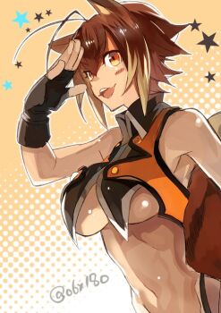 1girl animal_ears bare_shoulders blazblue breasts brown_hair crop_top fingerless_gloves gloves large_breasts looking_at_viewer makoto_nanaya midriff obx180 short_hair sleeveless squirrel_ears squirrel_girl squirrel_tail star_(symbol) tail teeth underboob upper_body upper_teeth_only