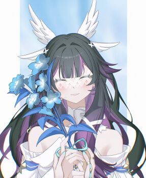 2girls ^_^ bare_shoulders big_itachi black_hair blue_flower blue_nails blush closed_eyes columbina_(genshin_impact) dress facing_viewer flower genshin_impact grin hair_ornament happy_tears highres holding holding_flower jewelry lauma_(genshin_impact) multicolored_hair multiple_girls nail_polish off-shoulder_dress off_shoulder pov purple_eyes ring smile streaked_hair tears upper_body wing_hair_ornament