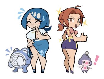 ! 2girls :d ^_^ aged_down ahoge ass blue_hair blue_skirt blush blush_stickers breasts brown_eyes brown_hair chafa chibi chibi_only closed_eyes closed_mouth clothes_lift delia_ketchum flying_sweatdrops full_body gen_1_pokemon gen_4_pokemon highres index_finger_raised lana's_mother_(pokemon) large_breasts looking_at_viewer looking_back low_ponytail mature_female mime_jr. multiple_girls nintendo open_mouth pencil_skirt pink_shirt pokemon pokemon_(anime) pokemon_(classic_anime) pokemon_(creature) pokemon_the_series:_sun_&amp;_moon poliwhirl ponytail purple_shorts purple_skirt shirt short_sleeves shorts simple_background skirt skirt_lift smile sparkle standing sweatdrop teeth thighs thumbs_up transparent_background upper_teeth_only white_background white_shirt