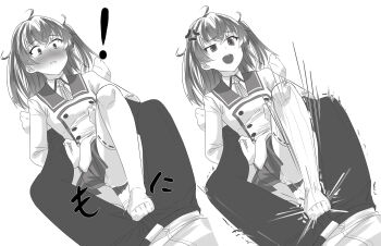 ! 1boy 1girl absurdres ahoge anger_vein asakura_mihono ball_busting bdsm blush cbt commentary_request crotch_stomping femdom footjob footjob_with_legwear greyscale hetero highres jacket mashitono_desu medium_hair minoseki_gakuin_uniform monochrome motion_lines neck_ribbon open_mouth pants pleated_skirt raised_eyebrows ribbon sailor_collar school_uniform shirt simple_background skirt socks stomping thighhighs toji_no_miko trembling two_side_up uneven_eyes white_background winter_uniform