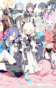 >_< 6+girls absurdres ako_(blue_archive) animal_ear_fluff animal_ears aqua_necktie aqua_scarf aris_(blue_archive) arms_up aru_(blue_archive) baseball_cap black_gloves black_halo black_hat black_horns black_skirt blazer blonde_hair blue_archive blue_bow blue_bowtie blue_hair blue_halo blue_necktie bm_tol bow bowtie brown_hair cherino_(blue_archive) china_dress chinese_clothes closed_eyes closed_mouth collared_shirt commentary cross cross_hair_ornament crying dot_nose double_v dress facing_viewer fake_animal_ears fake_facial_hair fake_mustache fang fingerless_gloves fox_ears gloves gradient_halo grey_halo hair_between_eyes hair_intakes hair_ornament halo happy hat highres hina_(blue_archive) horns hoshino_(blue_archive) inverted_cross izuna_(blue_archive) jacket kanna_(blue_archive) kisaki_(blue_archive) leaf leaf_on_head long_hair long_hair_between_eyes long_sleeves lying mika_(blue_archive) miyu_(blue_archive) multicolored_halo multiple_girls multiple_horns necktie on_back on_ground open_clothes open_jacket open_mouth parted_bangs partially_fingerless_gloves pink_hair pink_halo plaid_clothes plaid_skirt pointing pointing_at_another profile rabbit_ears rectangular_halo red_hair red_halo saori_(blue_archive) scarf school_uniform shiroko_(blue_archive) shirt skirt smile sneezing tearing_up tears teeth thighhighs twintails upper_teeth_only v white_gloves white_hair white_shirt wolf_ears yuuka_(blue_archive)