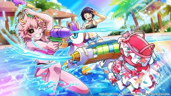 Rule 34 | 3girls, ;d, ashido mina, bikini, black choker, black hair, black sclera, blue shorts, blue sky, boku no hero academia, breasts, choker, colored sclera, commentary, copyright notice, day, english commentary, grin, hagakure toru, holding, holding water gun, invisible, jiro kyoka, medium breasts, multiple girls, navel, official art, one eye closed, open mouth, pink bikini, pink hair, pink skirt, short hair, shorts, single strap, skirt, sky, smile, swimsuit, teeth, upper teeth only, water, water gun, yellow eyes