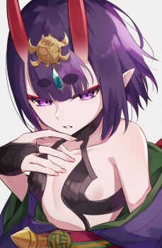 1girl absurdres bare_shoulders breasts bridal_gauntlets commentary_request eyeliner fate/grand_order fate_(series) headpiece highres horns izanaware_game japanese_clothes kimono long_sleeves looking_at_viewer makeup obi off_shoulder oni pointy_ears purple_eyes purple_hair purple_kimono revealing_clothes sash short_eyebrows short_hair shuten_douji_(fate) skin-covered_horns small_breasts solo wide_sleeves