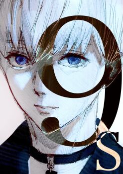 1boy 9s_(nier:automata) black_choker black_shirt blue_eyes character_name choker closed_mouth commentary_request g6bl92pajx61997 highres looking_at_viewer male_focus nier:automata nier_(series) portrait shirt short_hair simple_background solo white_background white_hair