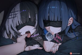 1boy 2girls black_hair black_shirt blindfold blue_hair blunt_bangs breasts colored_inner_hair commentary cum cum_bubble cum_in_mouth english_commentary facing_viewer ffm_threesome finger_to_tongue fishnet_top fishnets greatodoggo grey_hair group_sex highres hololive hololive_english large_breasts long_hair makeup multicolored_hair multiple_girls open_mouth ouro_kronii paid_reward_available pov runny_makeup shiori_novella shirt split-color_hair threesome tongue tongue_out torn_clothes torn_shirt virtual_youtuber