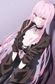 1girl absurdres alternate_costume black_choker blush breasts brown_jacket choker cleavage highres hololive hololive_english jacket jewelry kamiya_maneki large_breasts long_hair long_sleeves looking_at_viewer mori_calliope navel open_clothes open_jacket pink_eyes pink_hair red_eyes simple_background skull_choker smile solo twitter_username virtual_youtuber