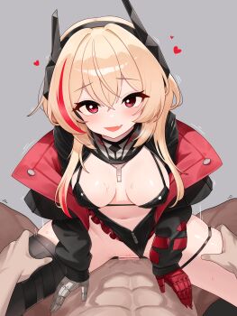 1boy 1girl :d absurdres bar_censor black_bra black_jacket black_leotard blonde_hair blush bra breasts censored clothing_aside commentary cowgirl_position dated_commentary deep_penetration english_commentary fang girl_on_top girls'_frontline girls'_frontline_2:_exilium grabbing_another's_thighs grey_background hair_between_eyes headgear heart hetero highres jacket leaning_forward leotard leotard_aside long_hair long_sleeves looking_at_viewer m4_sopmod_ii_(girls'_frontline) mechanical_arms medium_breasts multicolored_hair muscular muscular_male nabiyan navel open_clothes open_jacket open_mouth paid_reward_available penis pov pussy red_eyes red_hair sex simple_background skin_fang skindentation smile solo_focus soppo_(girls'_frontline_2) straddling streaked_hair two-tone_hair underwear unzipped vaginal zipper