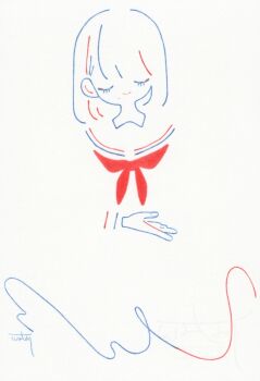 1girl closed_eyes closed_mouth colored_pencil_(medium) commentary_request facing_viewer highres limited_palette long_sleeves medium_hair neckerchief original red_neckerchief sailor_collar school_uniform serafuku signature smile solo traditional_media watari_(nijimukiokuiro) white_background