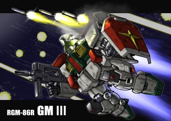 Rule 34 | absurdres, arm shield, assault visor, beam rifle, character name, chibi, commentary request, earth federation, energy gun, exhaust, explosion, firing, flying, glint, gm iii, green visor, gun, gundam, gundam zz, highres, holding, holding gun, holding weapon, letterboxed, mecha, mecha focus, missile, mobile suit, no humans, outside border, robot, science fiction, sd gundam, signature, solo, star (sky), weapon, yatta070622