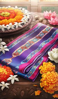 chocolate_river_no_sono_saki_ni commentary_request cube dice fate/grand_order fate_(series) flower flower_request masaki_(star8moon) no_humans object_focus official_art orange_flower pink_flower red_flower still_life third-party_source unworn_clothes white_flower