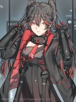 1girl armor armored_dress artist_name black_dress black_hair black_jacket blush character_name commentary_request copyright_name cowboy_shot dress earrings gradient_hair hair_between_eyes hands_up highres indoors jacket jewelry long_hair lucia:_plume_(pgr) lucia_(pgr) mechanical_arms mechanical_hands multicolored_hair necktie negse_38u nose_blush open_clothes open_jacket parted_lips punishing:_gray_raven red_eyes red_hair red_necktie smile solo streaked_hair twintails twitter_username