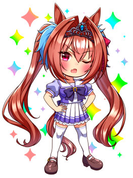 1girl animal_ears blush bow bowtie breasts brown_hair chibi chibi_only collarbone commentary_request daiwa_scarlet_(umamusume) fang full_body hair_between_eyes hair_intakes hands_on_own_hips highres horse_ears horse_girl horse_tail large_breasts long_hair looking_at_viewer one_eye_closed open_mouth pleated_skirt puffy_short_sleeves puffy_sleeves purple_bow purple_bowtie purple_shirt red_eyes sailor_collar sailor_shirt school_uniform shirt shoes short_sleeves skirt solo sugimotty_nova tail thighhighs tiara tracen_school_uniform twintails umamusume very_long_hair white_sailor_collar white_skirt white_thighhighs zettai_ryouiki