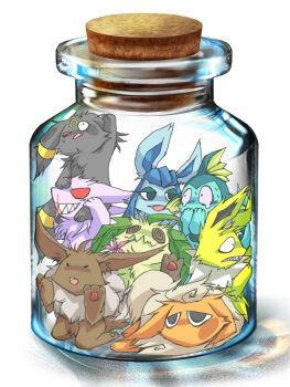 3d bad_id bad_pixiv_id blood bottle_meme_(pixiv) cork eevee espeon evolutionary_line flareon gen_1_pokemon gen_2_pokemon gen_4_pokemon glaceon jar jolteon kunneru kuuneru leafeon minimized nintendo no_humans nosebleed pokemon pokemon_(creature) red_eyes scared umbreon vaporeon